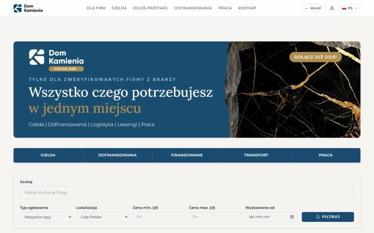 domkamienia.pl: giełda z wyszukiwarką i filtrami