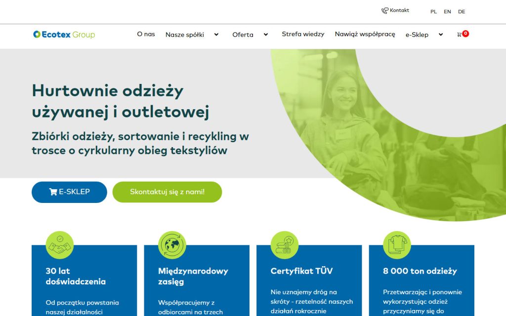Strona główna ecotexgroup.com: hurtownie odzieży używanej i outletowej Ecotex Group, widok desktop