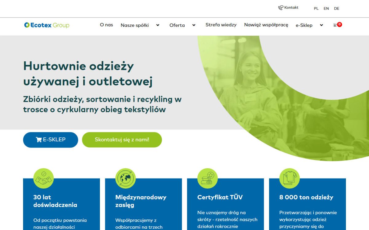 Strona główna ecotexgroup.com: hurtownie odzieży używanej i outletowej Ecotex Group, widok desktop