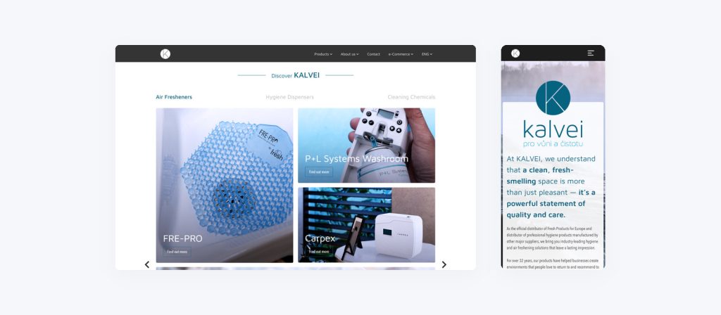 kalvei.cz w widoku desktop i mobile: katalog produktów z zakładkami kategorii oraz wprowadzenie marki na telefonie