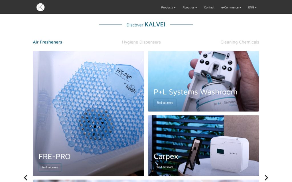Strona główna kalvei.cz: sekcja „Discover KALVEI” z zakładkami kategorii i kartami produktów FRE-PRO, P+L Systems Washroom i Carpex, widok desktop