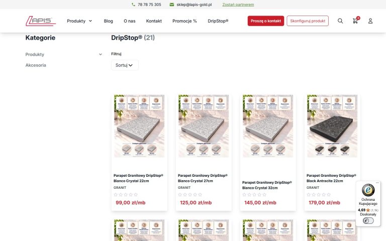 lapis-gold.pl: lista produktów DripStop z filtrami