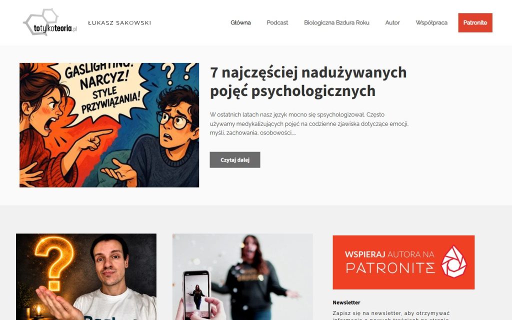 Strona główna totylkoteoria.pl: popularnonaukowy blog Łukasza Sakowskiego, widok desktop