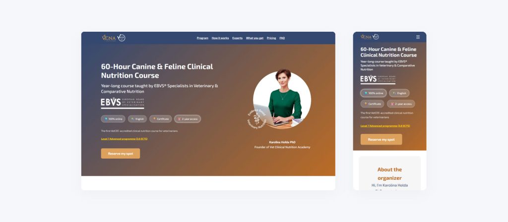 Landing kursu vetclinicalnutrition.academy w widoku desktop i mobile