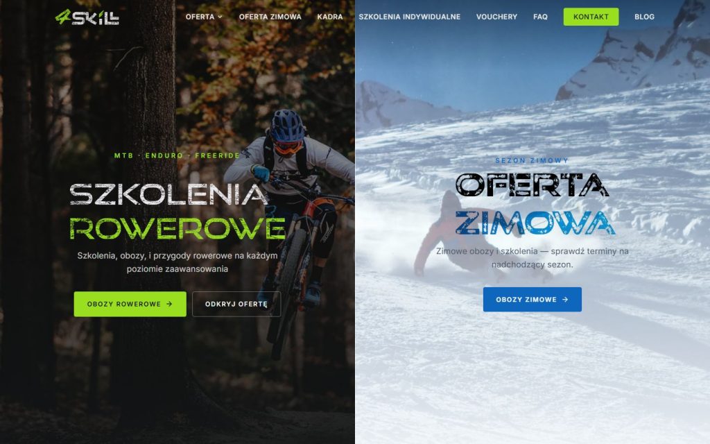 Strona główna 4skill.pl: szkolenia rowerowe MTB, Enduro i Freeride obok oferty zimowej, widok desktop