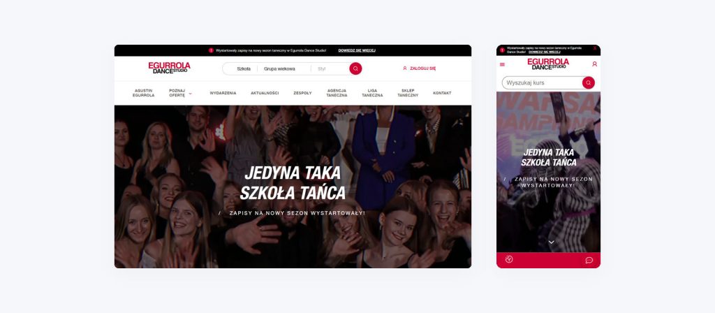 egurrola.com w widoku desktop i mobile: wyszukiwarka kursów w nagłówku strony