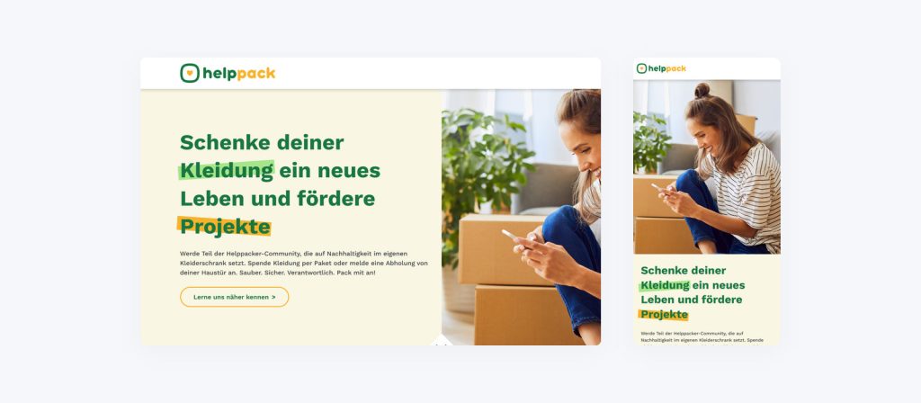 helppack.de w widoku desktop i mobile: strona główna z hasłem kampanii zbiórki odzieży