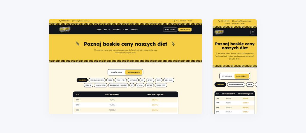 Cennik olimpcatering.pl z wyborem diety i cenami według kaloryczności, widok desktop i mobile