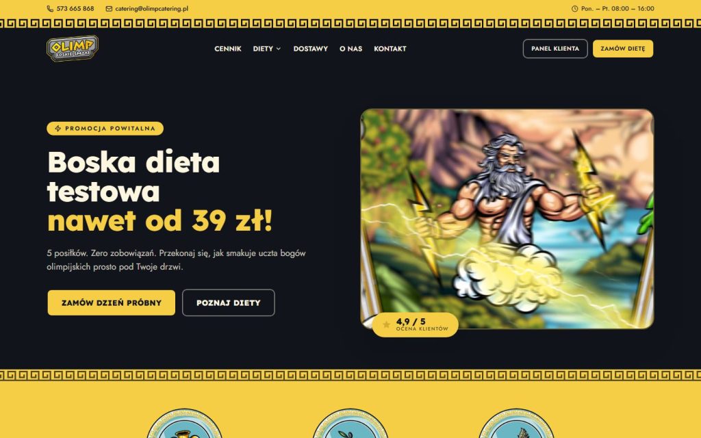 Strona główna olimpcatering.pl: boska dieta testowa i ilustracja Zeusa, widok desktop